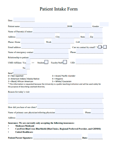 standard patient intake form template