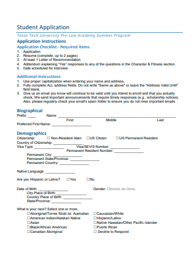 standard student application template
