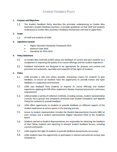 standard student feedback policy template