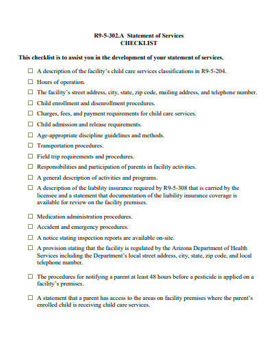 statement of services checklist template
