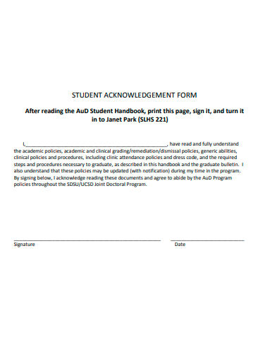 student acknowledgement form template