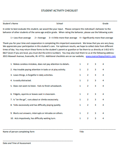 student activity checklist template