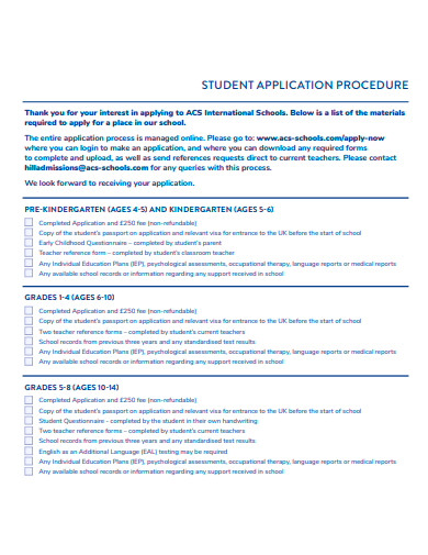student application procedure template