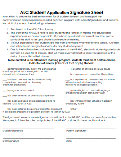 student application signature sheet template