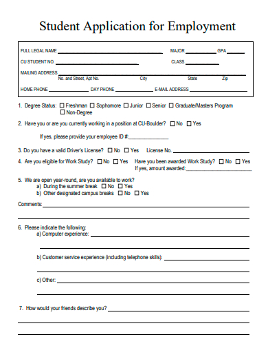 student application for employment template