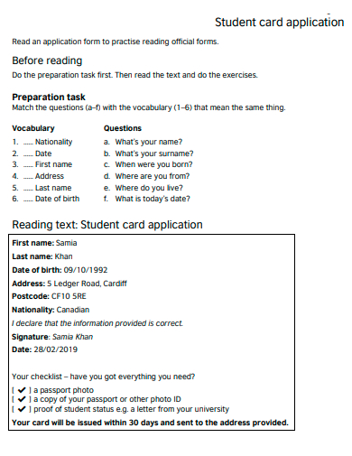 student card application template