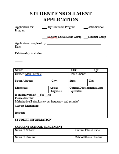 student enrollment application template