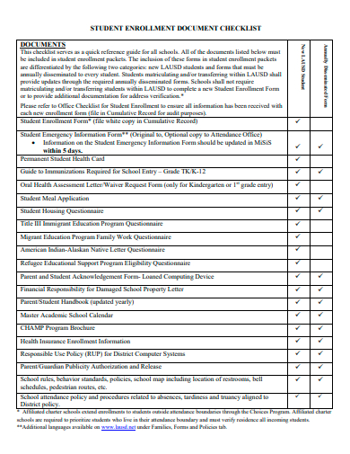 student enrollment document checklist template