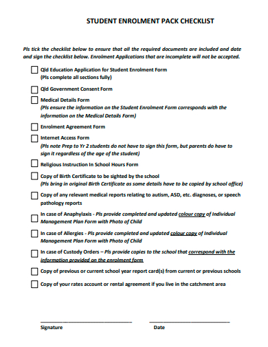 student enrollment pack checklist template