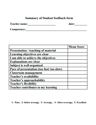 student feedback form summary template