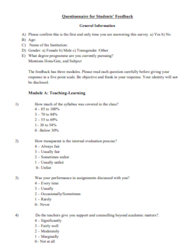 student feedback questionnaire