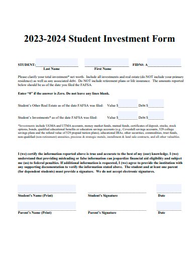 student investment form template