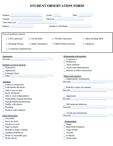 student observation form template