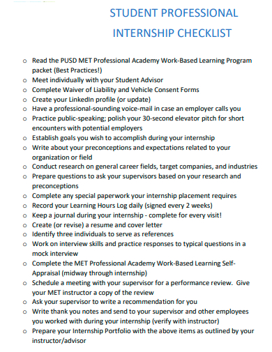 student professional internship checklist template