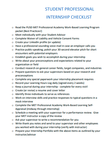 student professional internship checklist template1