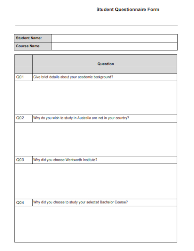 student questionnaire form