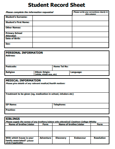 student record sheet template