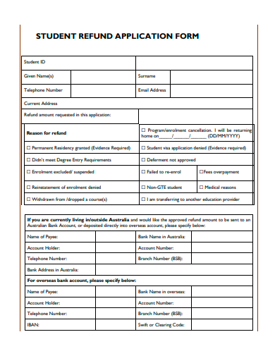 student refund application form template
