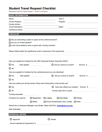 student travel request checklist template