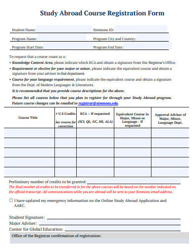study abroad course registration form template