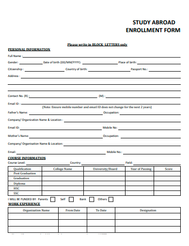 study abroad enrollment form template