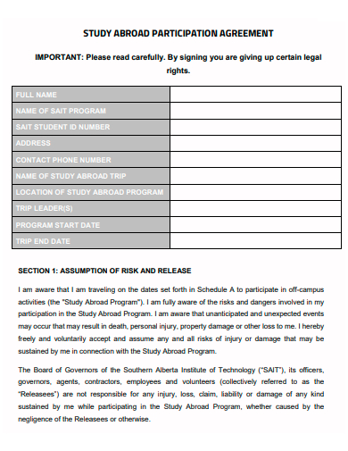 study abroad participation agreement template