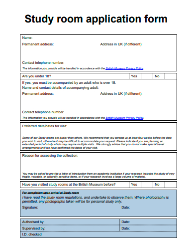 study room application form template
