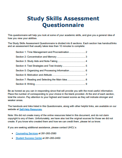 study skills assessment questionnaire template