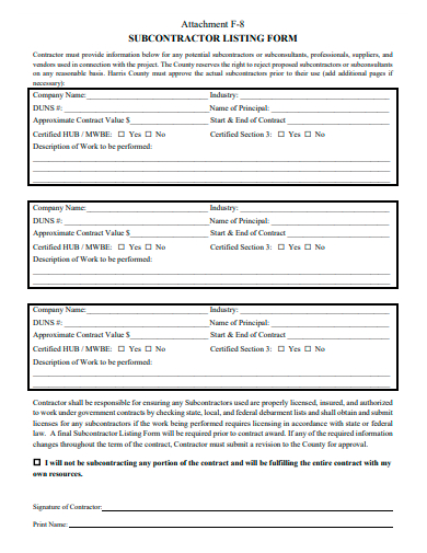 subcontractor listing form template