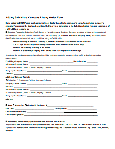 subsidiary company listing order form template
