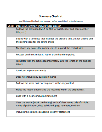 summary checklist template
