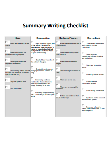 summary writing checklist template