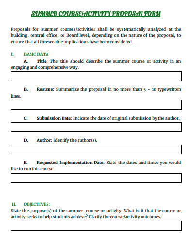 summer course activity proposal form template