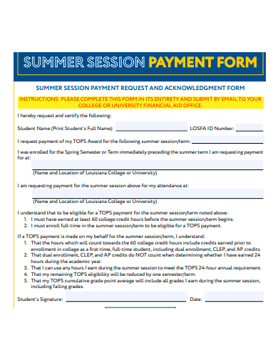 summer session payment form template