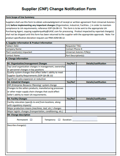 supplier change notification form template