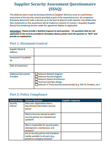 supplier security assessment questionnaire template