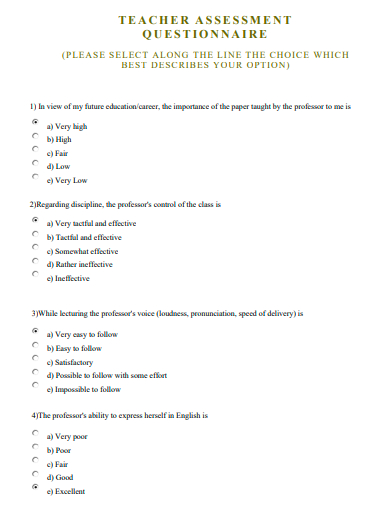 teacher assessment questionnaire template