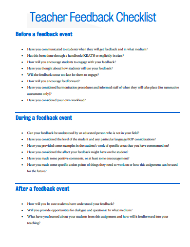 teacher feedback checklist template