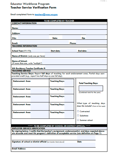teacher service verification form template