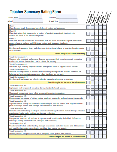 teacher summary rating form template