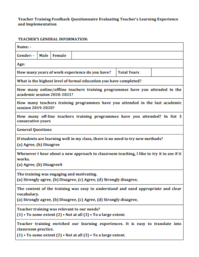teacher training feedback questionnaire
