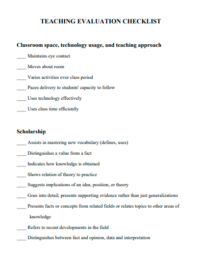 teaching evaluation checklist template