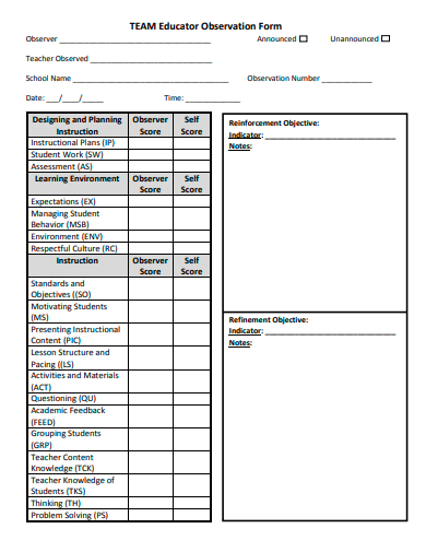 team educator observation form template