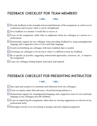 team members feedback checklist template