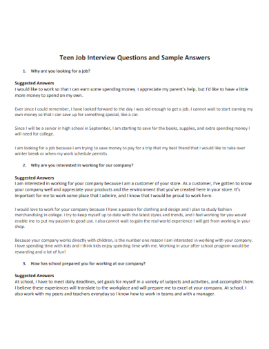 teen job interview questions and answers