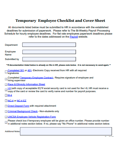 temporary employee checklist and cover sheet template