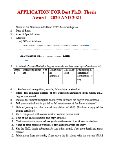 thesis award application template