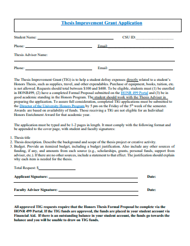 thesis improvement grant application template