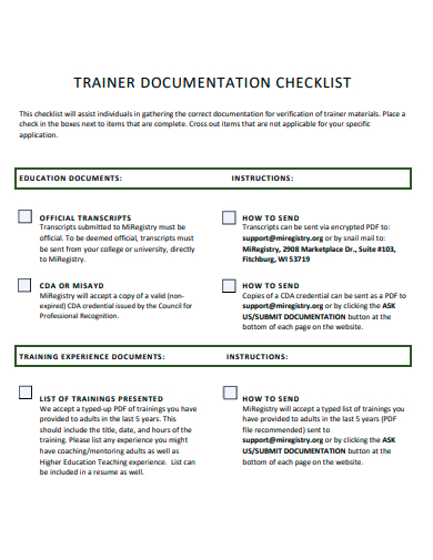trainer documentation checklist template