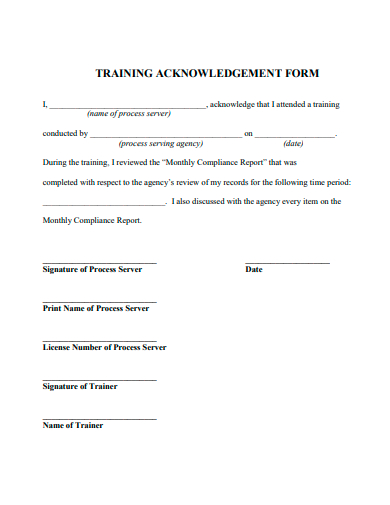 training acknowledgement form template